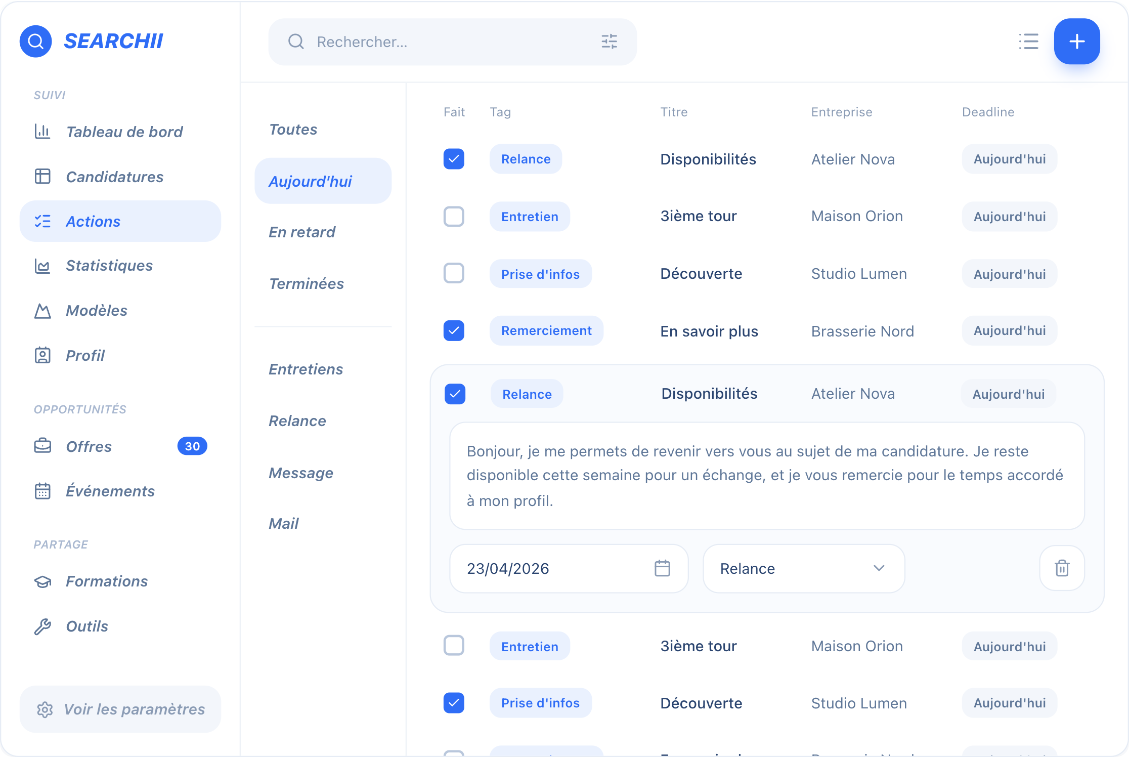 Exemple d'interface : Searchii, Suivi de candidatures
